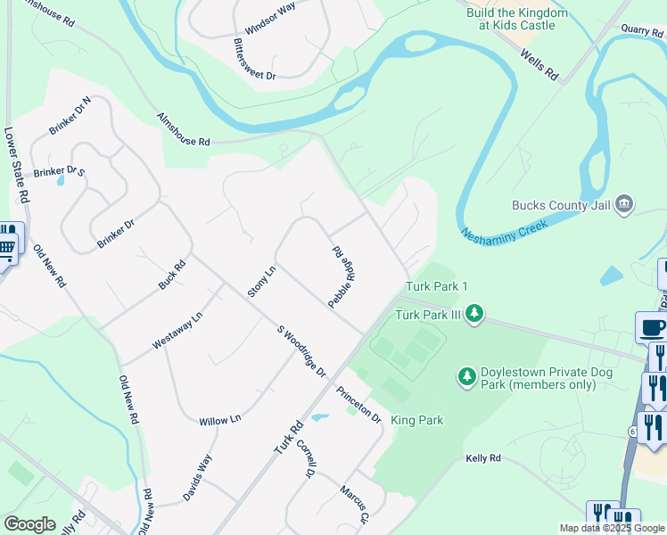 map of restaurants, bars, coffee shops, grocery stores, and more near 227 Pebble Ridge Road in Warrington