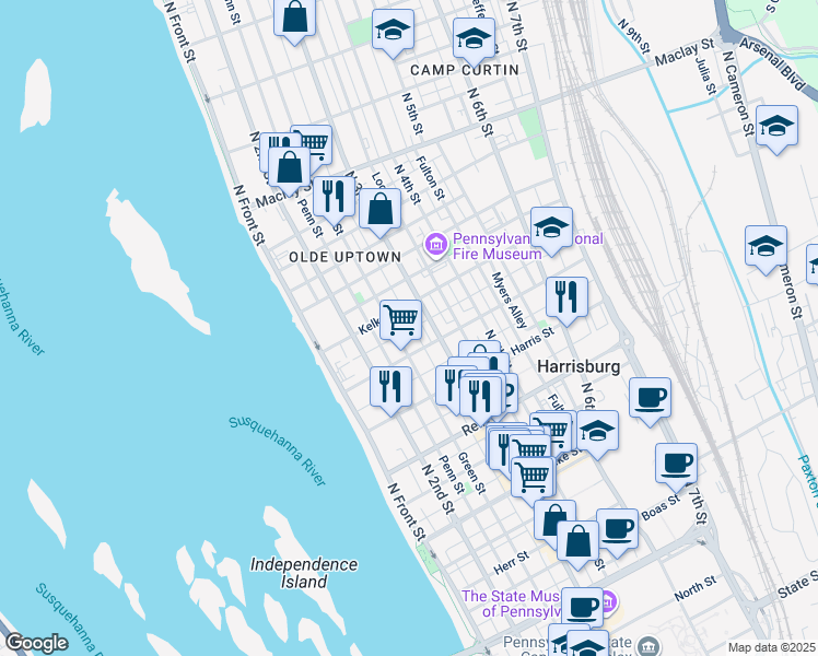 map of restaurants, bars, coffee shops, grocery stores, and more near 1716 Susquehanna Street in Harrisburg