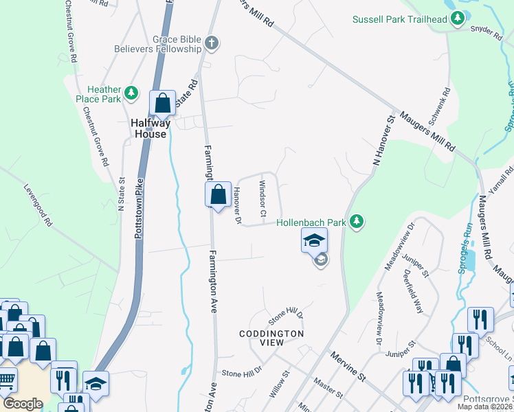 map of restaurants, bars, coffee shops, grocery stores, and more near 1331 Windsor Court in Pottstown