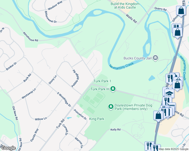 map of restaurants, bars, coffee shops, grocery stores, and more near Doe Run Drive in Bucks County