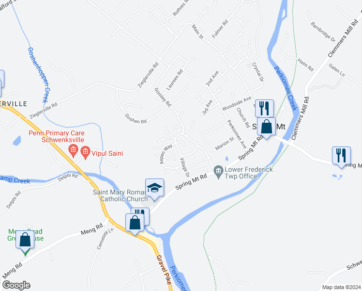 map of restaurants, bars, coffee shops, grocery stores, and more near 115 Village Drive in Schwenksville