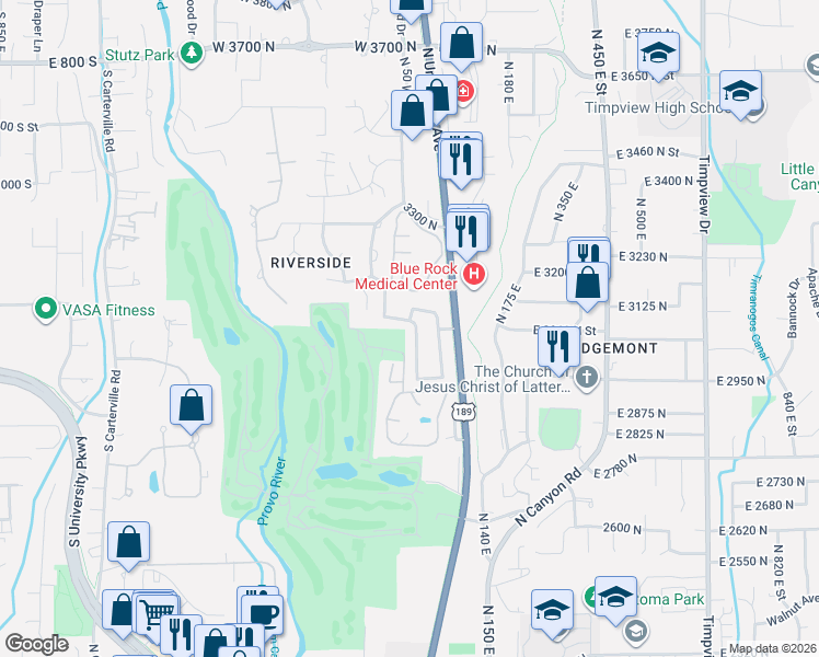 map of restaurants, bars, coffee shops, grocery stores, and more near 3079 North 100 West Street in Provo
