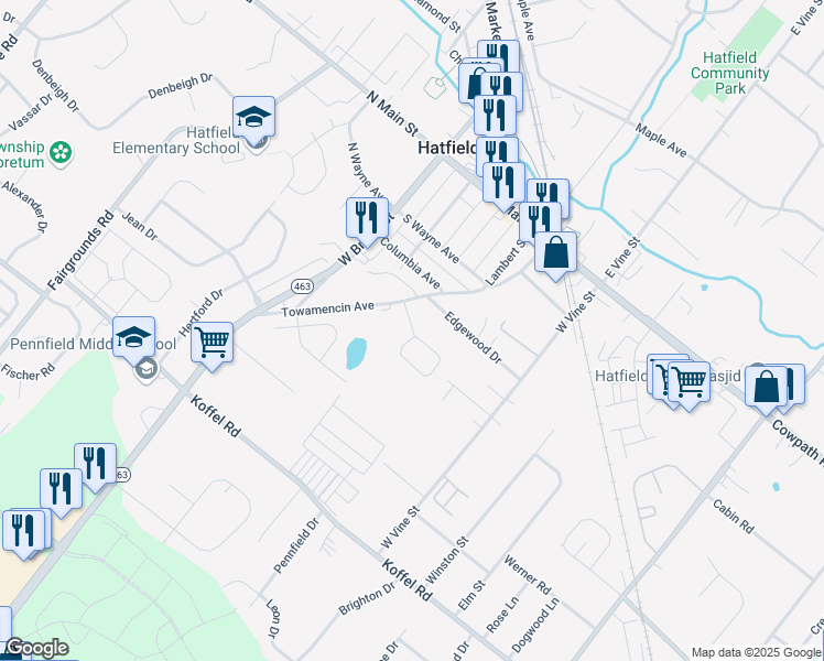 map of restaurants, bars, coffee shops, grocery stores, and more near 401 Wheatfield Circle in Hatfield