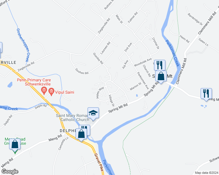 map of restaurants, bars, coffee shops, grocery stores, and more near 115 Village Drive in Schwenksville