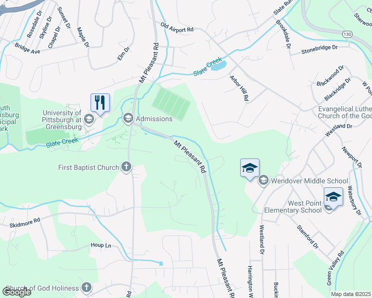 map of restaurants, bars, coffee shops, grocery stores, and more near 107 Wendwood Manor in Greensburg