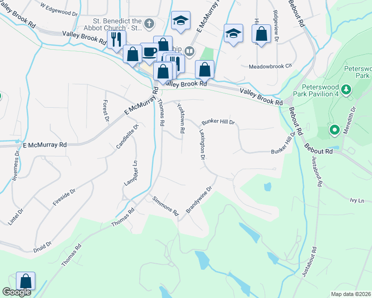 map of restaurants, bars, coffee shops, grocery stores, and more near 106 Concord Drive in McMurray