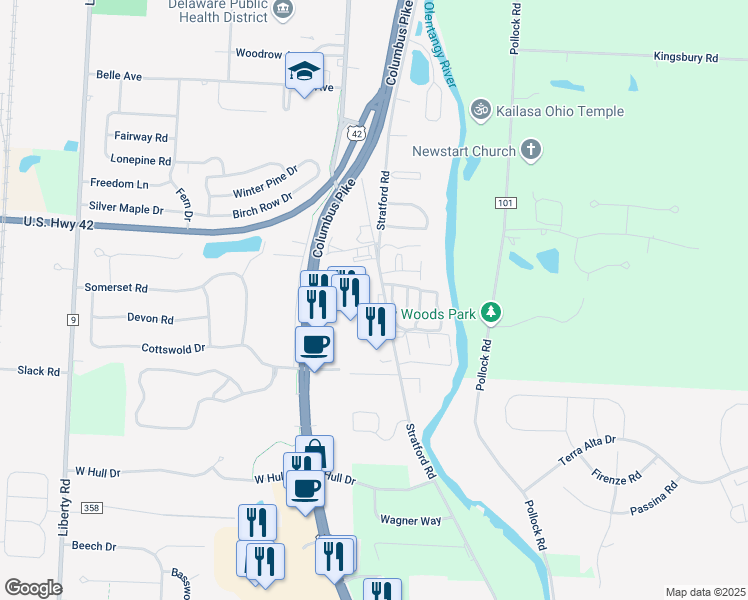 map of restaurants, bars, coffee shops, grocery stores, and more near 1160 Stratford Road in Delaware