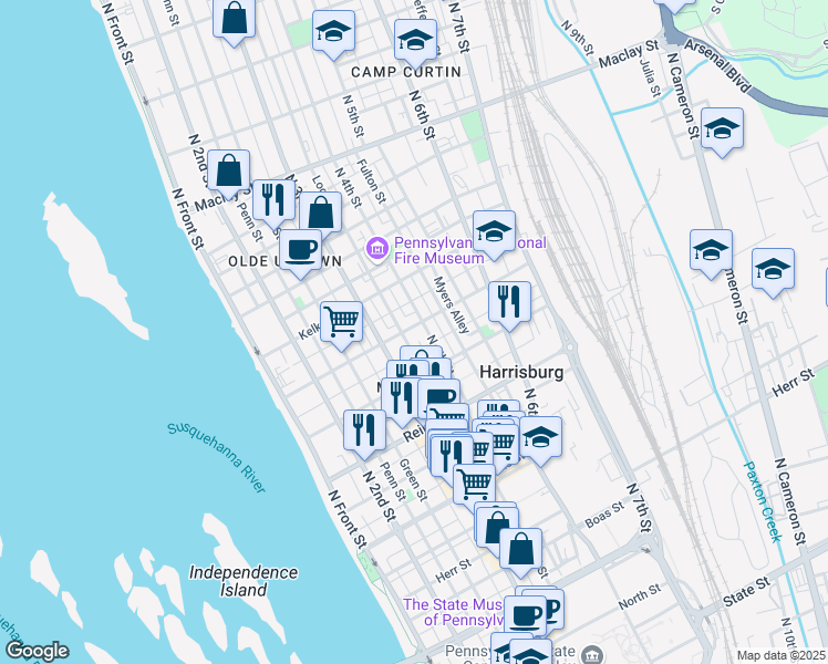 map of restaurants, bars, coffee shops, grocery stores, and more near 333 Hamilton Street in Harrisburg