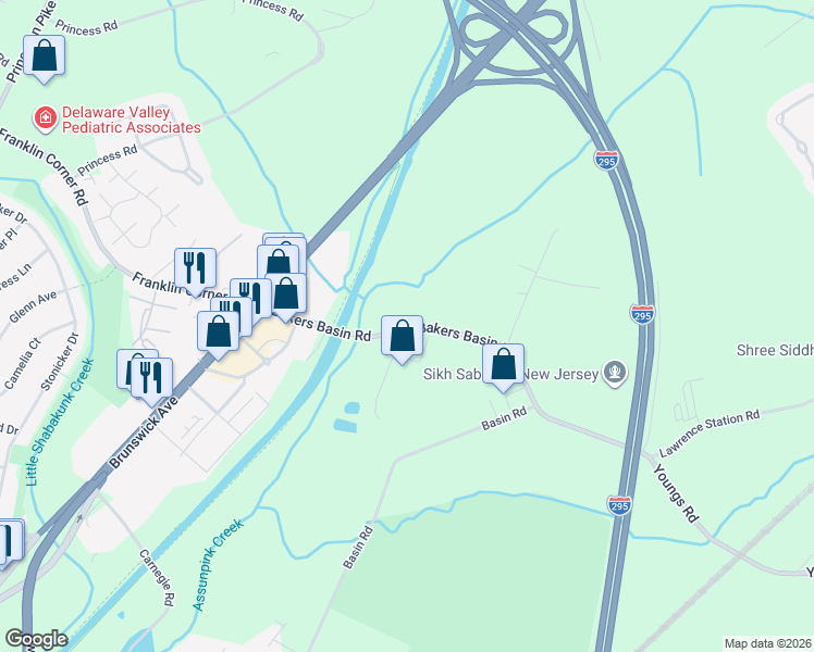 map of restaurants, bars, coffee shops, grocery stores, and more near 220 Bakers Basin Road in Lawrence Township