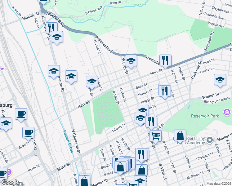 map of restaurants, bars, coffee shops, grocery stores, and more near 1500 Boas Street in Harrisburg
