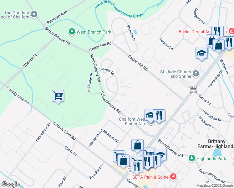 map of restaurants, bars, coffee shops, grocery stores, and more near 206 Pebble Court in Chalfont