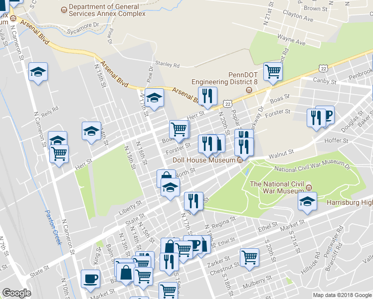 map of restaurants, bars, coffee shops, grocery stores, and more near 1815 Forster Street in Harrisburg