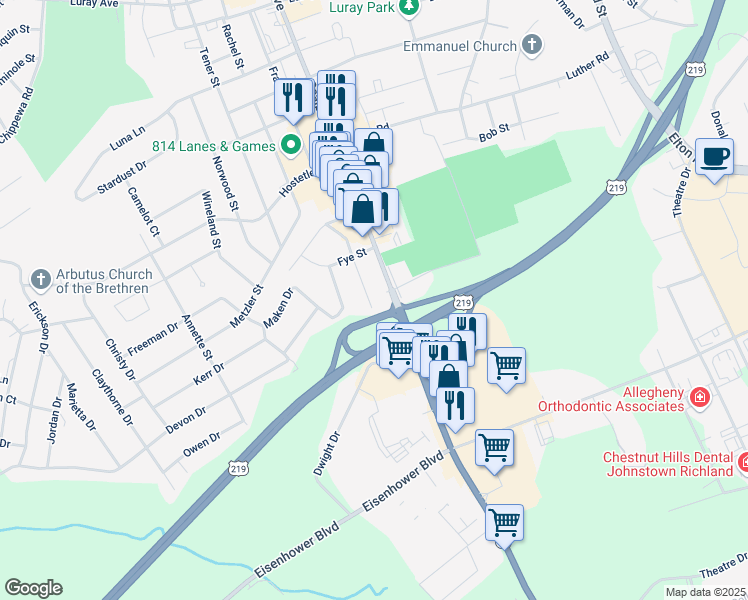 map of restaurants, bars, coffee shops, grocery stores, and more near 1335 Frances Street in Johnstown