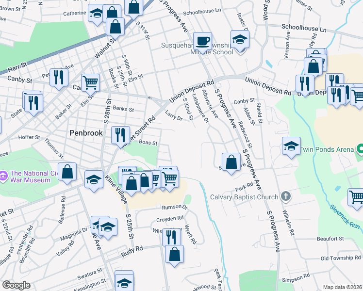 map of restaurants, bars, coffee shops, grocery stores, and more near 3251 Butler Street in Harrisburg