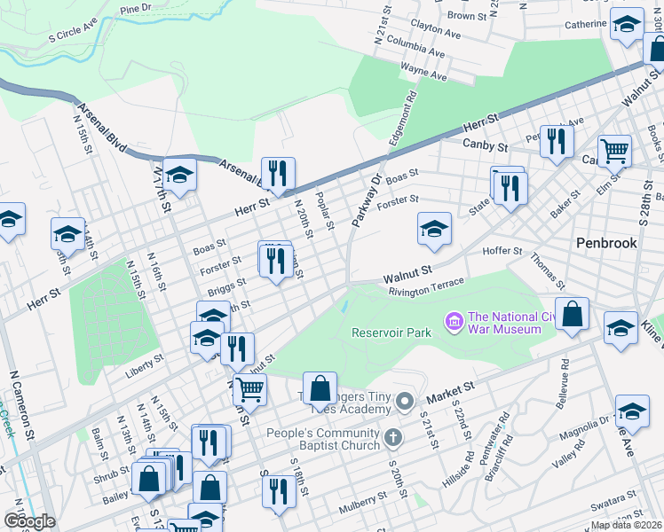 map of restaurants, bars, coffee shops, grocery stores, and more near 2015 Briggs Street in Harrisburg