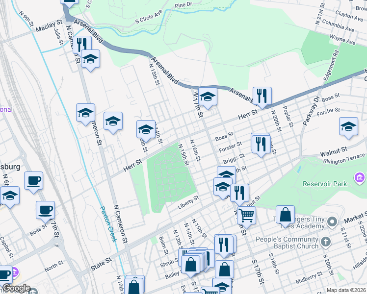 map of restaurants, bars, coffee shops, grocery stores, and more near 1018 North 16th Street in Harrisburg