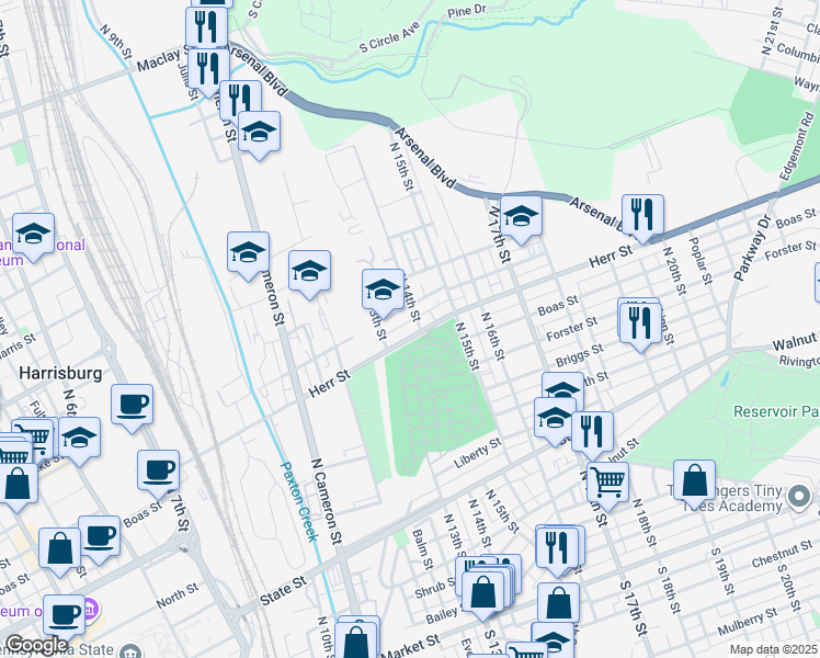 map of restaurants, bars, coffee shops, grocery stores, and more near 1329 Cumberland Street in Harrisburg