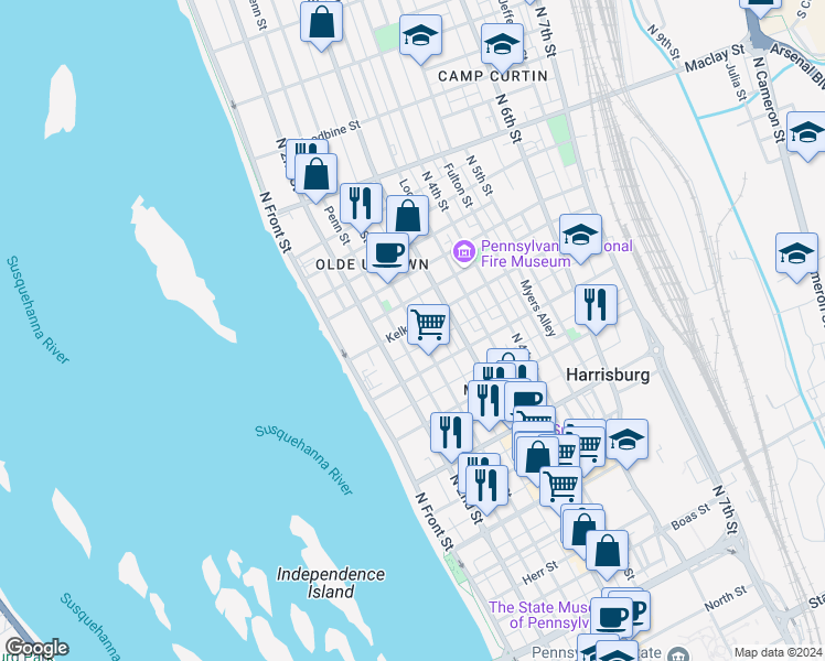 map of restaurants, bars, coffee shops, grocery stores, and more near 1804 Green Street in Harrisburg