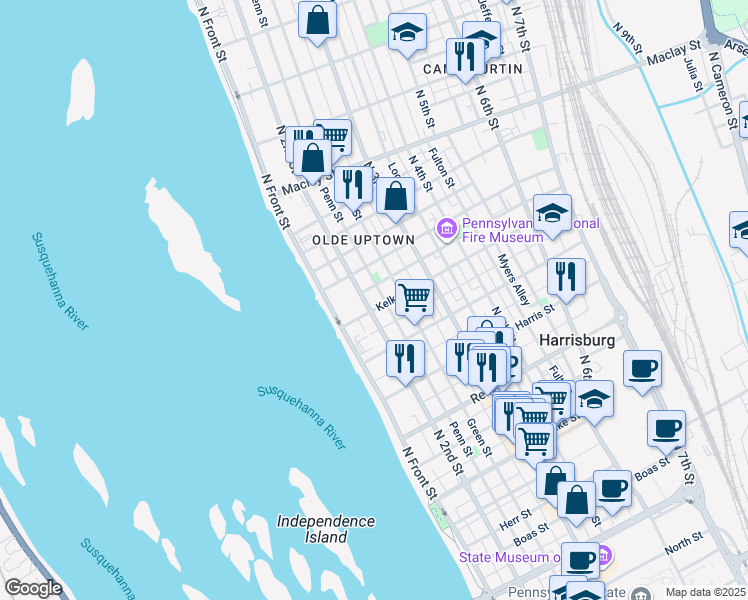 map of restaurants, bars, coffee shops, grocery stores, and more near 1827 North 2nd Street in Harrisburg