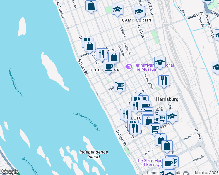 map of restaurants, bars, coffee shops, grocery stores, and more near 204 Kelker Street in Harrisburg