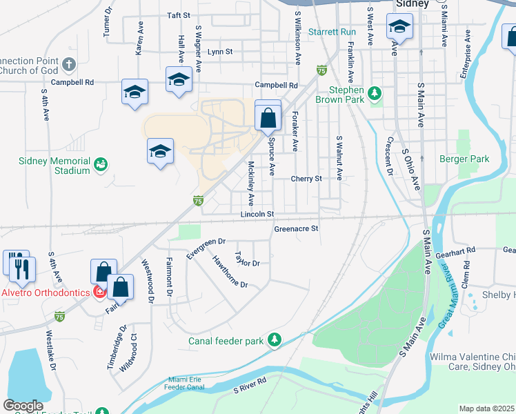 map of restaurants, bars, coffee shops, grocery stores, and more near 910 Mckinley Avenue in Sidney