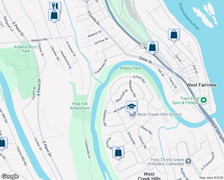 map of restaurants, bars, coffee shops, grocery stores, and more near 611 Erford Road in Camp Hill