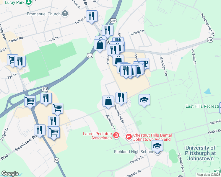 map of restaurants, bars, coffee shops, grocery stores, and more near 101-117 Canfield Avenue in Johnstown