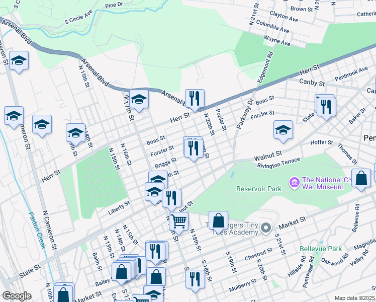 map of restaurants, bars, coffee shops, grocery stores, and more near 718 North 19th Street in Harrisburg