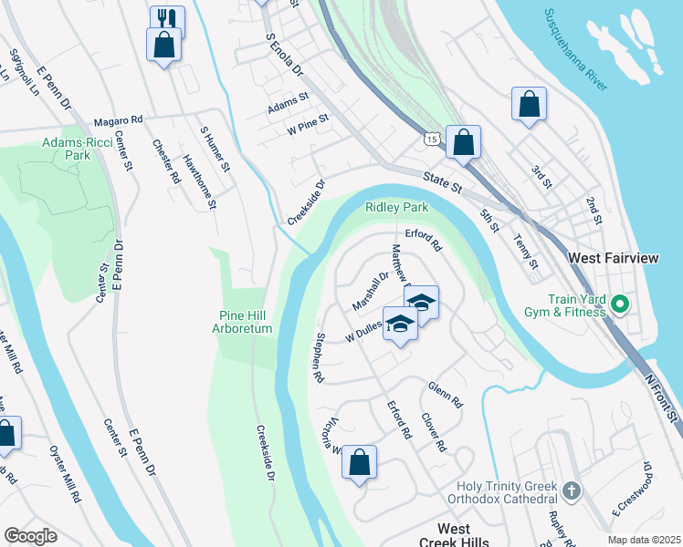 map of restaurants, bars, coffee shops, grocery stores, and more near 604 Erford Road in Camp Hill