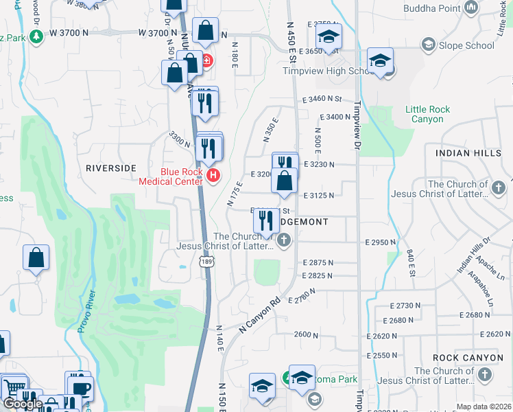 map of restaurants, bars, coffee shops, grocery stores, and more near 255 East 3060 North Street in Provo