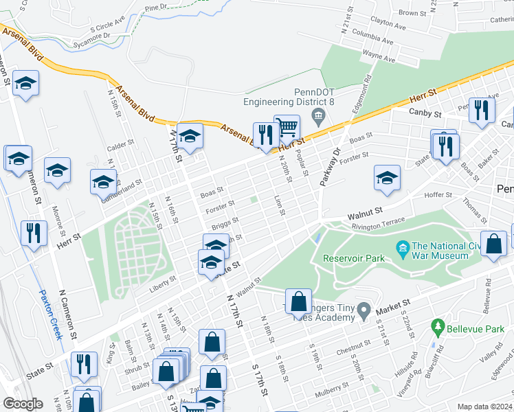 map of restaurants, bars, coffee shops, grocery stores, and more near 718 North 19th Street in Harrisburg