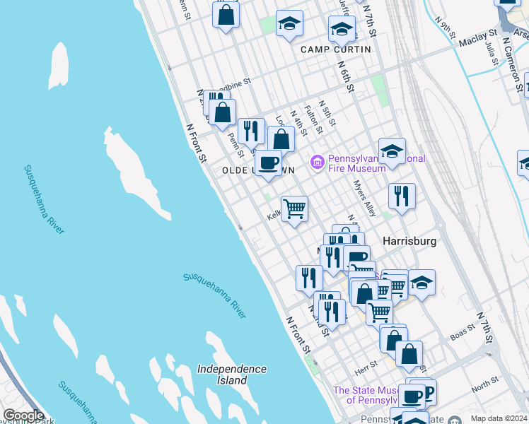 map of restaurants, bars, coffee shops, grocery stores, and more near 1809 North 2nd Street in Harrisburg