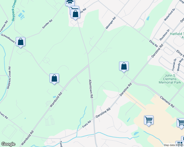map of restaurants, bars, coffee shops, grocery stores, and more near 3579 Allentown Road in Souderton