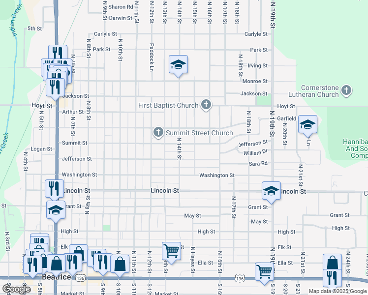 map of restaurants, bars, coffee shops, grocery stores, and more near 1405 Summit Street in Beatrice