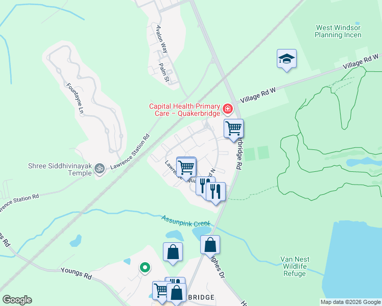 map of restaurants, bars, coffee shops, grocery stores, and more near 7 Drewes Court in Lawrence Township