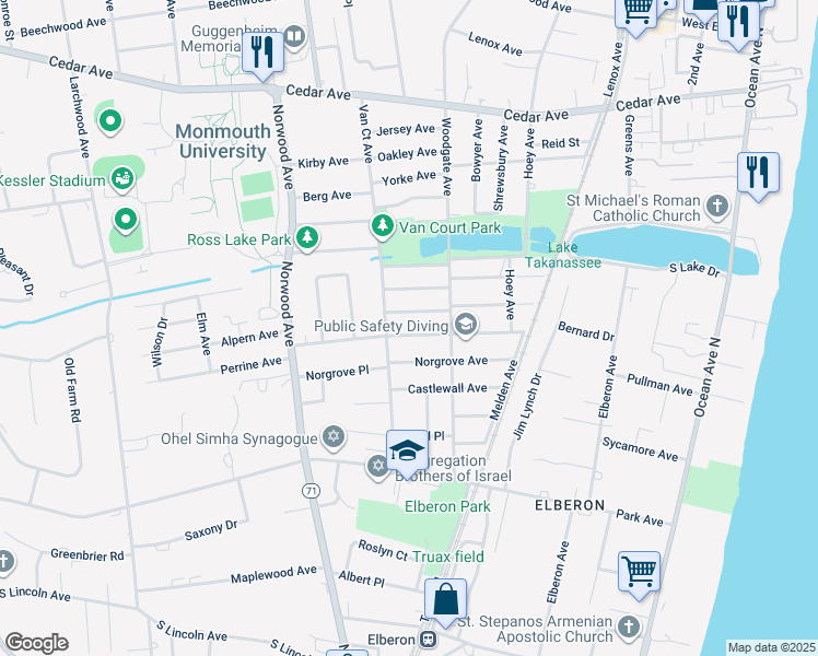 map of restaurants, bars, coffee shops, grocery stores, and more near 297 Highland Avenue in Long Branch