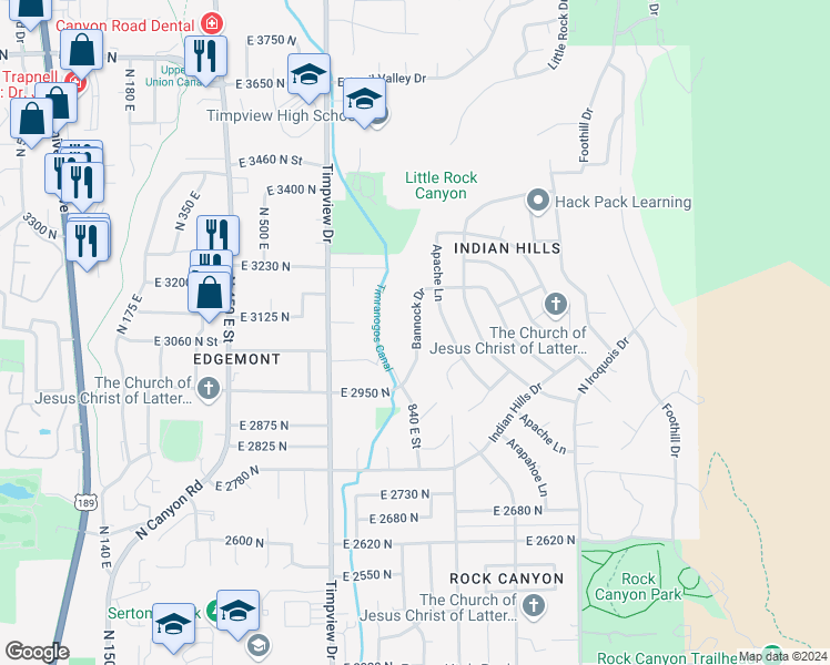 map of restaurants, bars, coffee shops, grocery stores, and more near 3077 Bannock Drive in Provo