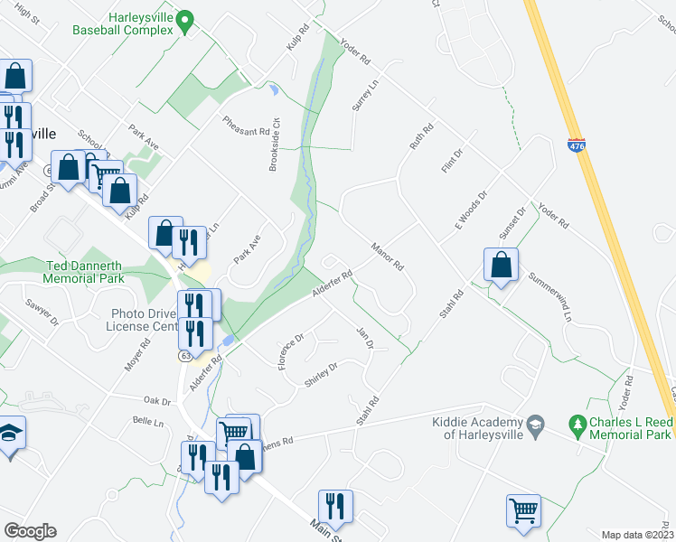 map of restaurants, bars, coffee shops, grocery stores, and more near 397 Manor Circle in Harleysville