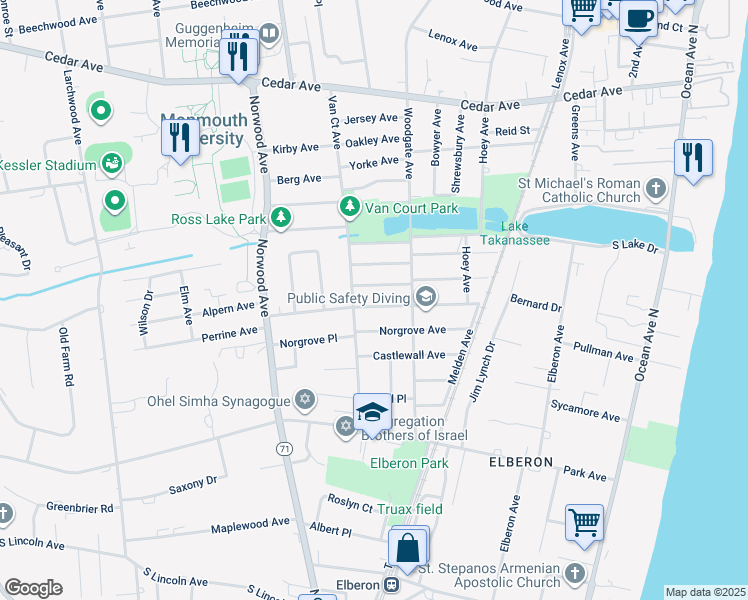 map of restaurants, bars, coffee shops, grocery stores, and more near 297 Highland Avenue in Long Branch