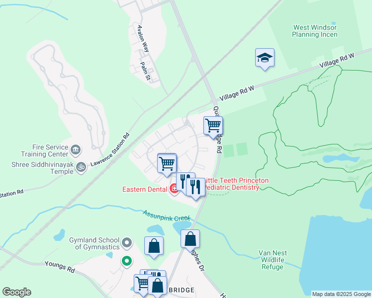 map of restaurants, bars, coffee shops, grocery stores, and more near 43 O'Neill Court in Lawrence Township
