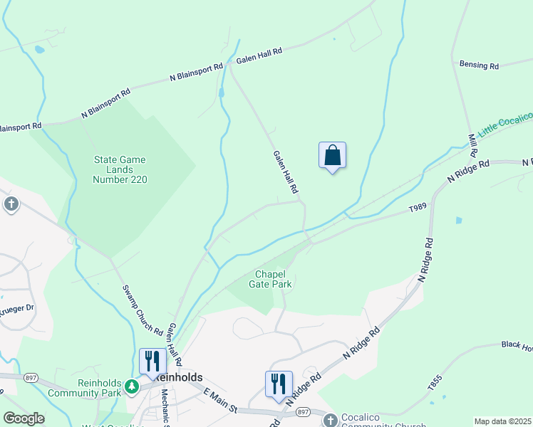 map of restaurants, bars, coffee shops, grocery stores, and more near 360 Galen Hall Road in Reinholds