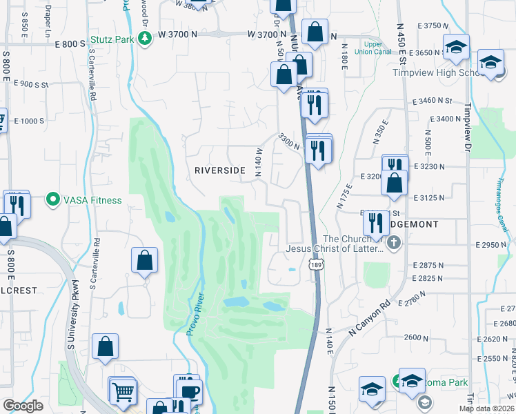 map of restaurants, bars, coffee shops, grocery stores, and more near 134 West 3100 North Street in Provo