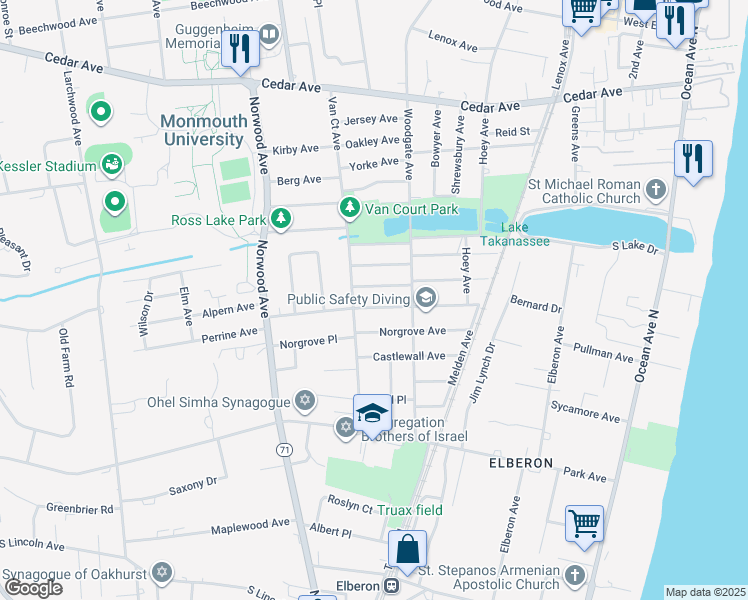 map of restaurants, bars, coffee shops, grocery stores, and more near 296 Lockwood Avenue in Long Branch