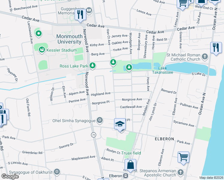 map of restaurants, bars, coffee shops, grocery stores, and more near 906 Van Court Avenue in Long Branch