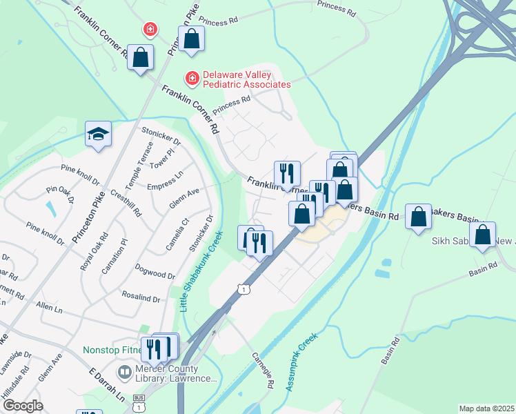 map of restaurants, bars, coffee shops, grocery stores, and more near 161 Franklin Corner Road in Lawrence Township