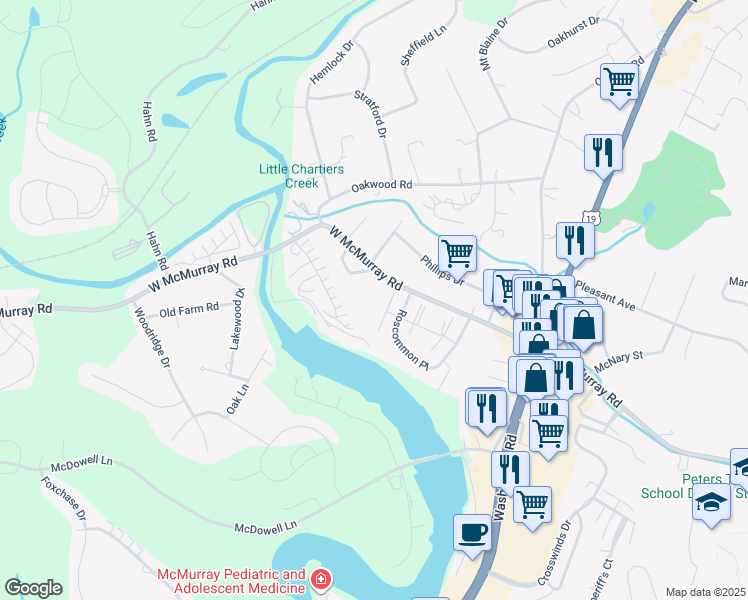 map of restaurants, bars, coffee shops, grocery stores, and more near 249 West McMurray Road in Canonsburg