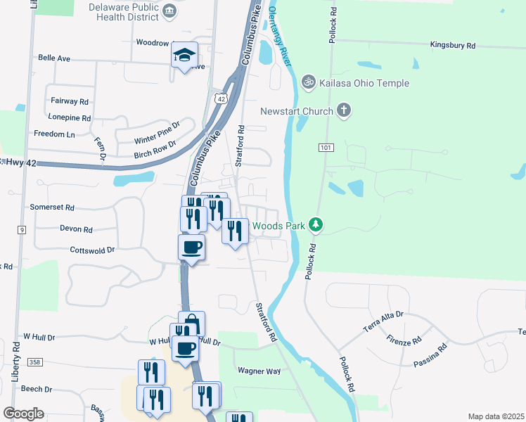 map of restaurants, bars, coffee shops, grocery stores, and more near 44 Sterling Ridge Drive in Delaware