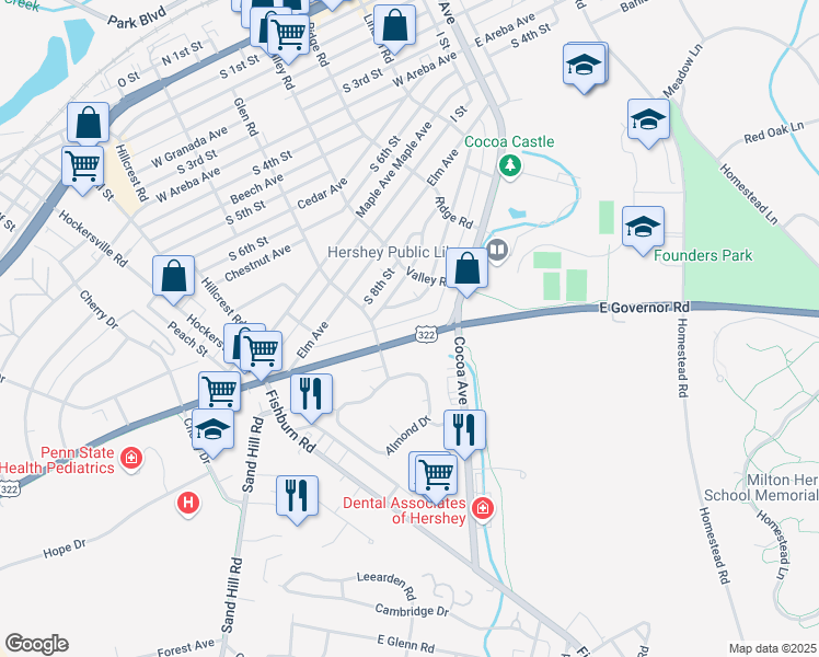 map of restaurants, bars, coffee shops, grocery stores, and more near 43 West Governor Road in Hershey