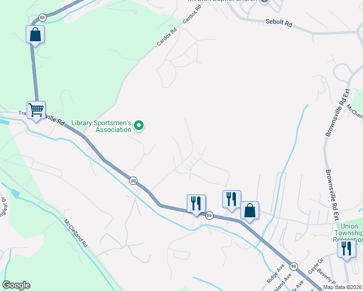 map of restaurants, bars, coffee shops, grocery stores, and more near 205 Woods Edge in Finleyville