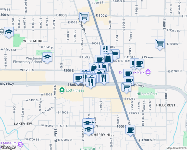 map of restaurants, bars, coffee shops, grocery stores, and more near 297 East University Parkway in Orem